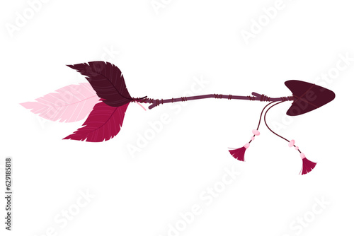 The arrow is decorated with feathers and in boho style on a white background.