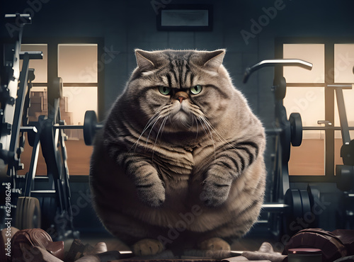 fat angry kitty cat in gym or in front of junk food in restaurant, hamburger fried potatoes generative ai 