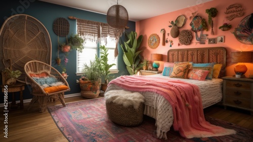 Bedroom decor, home interior design . Bohemian Eclectic style with Gallery Wall decorated with Textile and Rattan material . Generative AI AIG26. photo