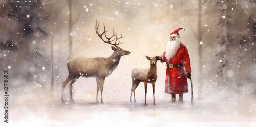 vintage card snow santa christmas greeting claus reindeer illustration sleigh. Generative AI. © VICHIZH