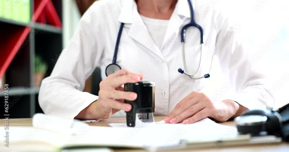 Doctor putting stamp on document in clinic closeup 4k movie slow motion. Certification of official documents in medicine concept Doctor putting stamp on document in clinic closeup 4k movie slow motion. Certification of official documents in medicine concept
