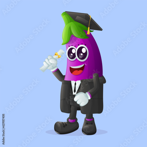 Cute eggplant character wearing a graduation cap and holding a diploma