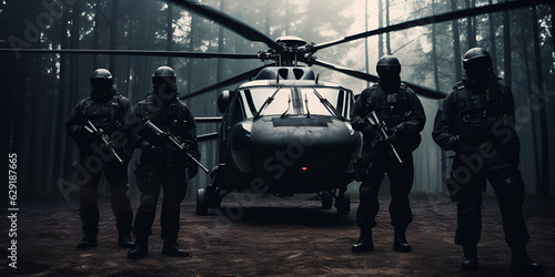 Defense Industry Maine,  Four solider with guns standing near helicopter, generative Ai photo