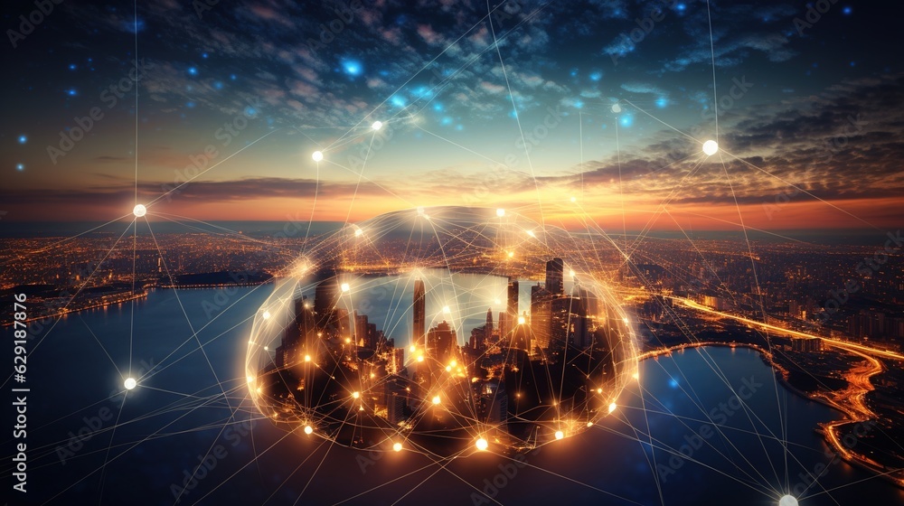 Fototapeta premium global network connections and data transfers in a circle on a sunset background science, innovation, communication, and technology in business networking, generative ai