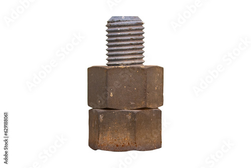 Old Metal male square nut rust screw nail heads attached to concrete floor stacked two layers isolated on cut out PNG. Structure of wall to be strong for house or industrial. Bolts and screws. photo