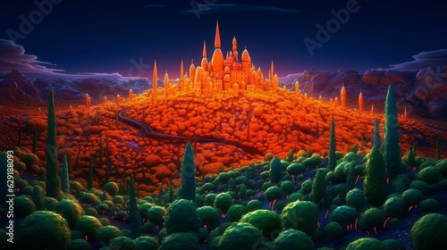 Fairy tale land in the world of halloween castle pumpkin. Content created with AI