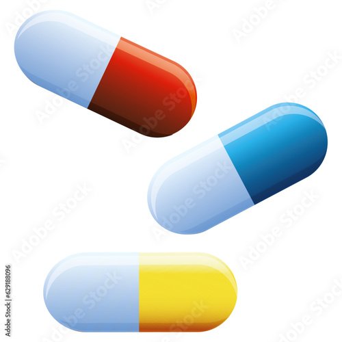 set of colored medical capsules in a flat style