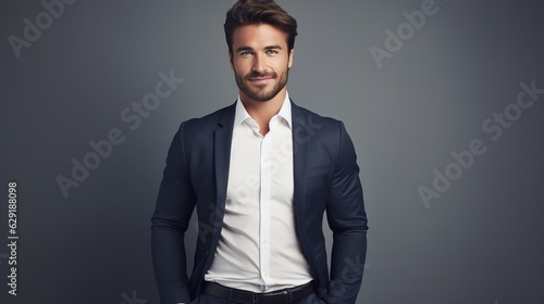 portrait of a businessman standing on grey wall background