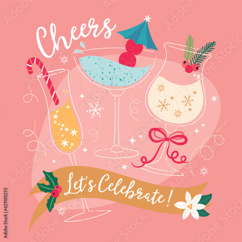 Fun, colourful Christmas party drinks collection, set for card, menu, invitation for festive party season.