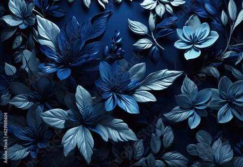 Dark blue beautiful floral background with white flowers and abstract leaves 3D, Generative Ai