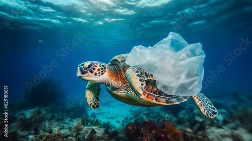 A turtle with a plastic bag floating around it, Concept of plastic pollution, Generative AI © AIExplosion