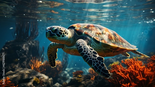 Turtle surrounded by beautiful coral reef  Generative AI