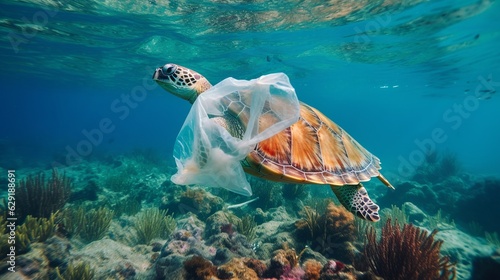 A turtle with a plastic bag floating around it, Concept of plastic pollution, Generative AI