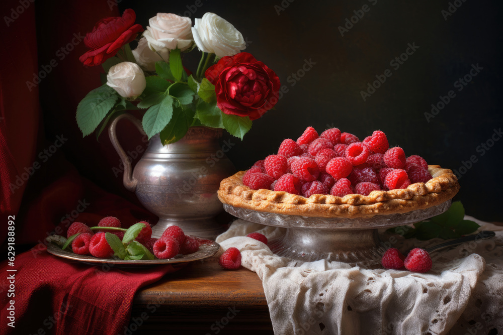 Raspberries pie, still life