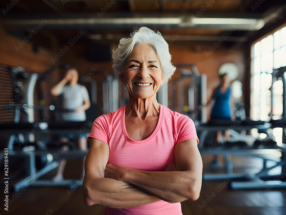 A training program for silver-haired elderly women, radiating vitality and emphasizing exercises to maintain health, beauty, and a youthful spirit, AI generated