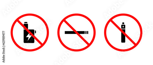 No smoking area vector icon set. Electronic cigarette symbol. No vaping sign
