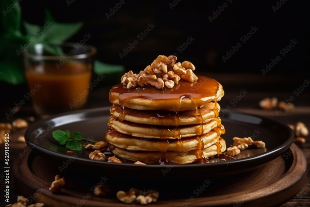 Delicious breakfast pancakes with caramel and walnuts. Generative AI.