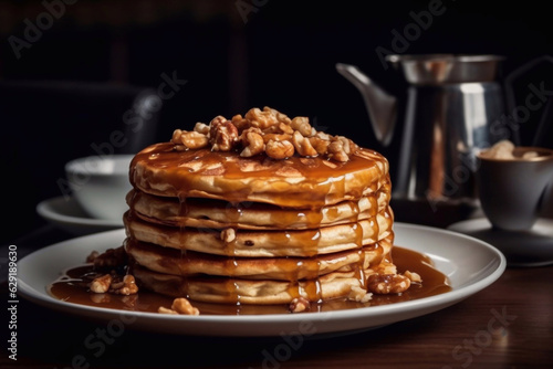 Delicious breakfast pancakes with caramel and walnuts. Generative AI.