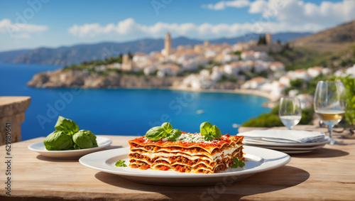 A visually stunning photograph of a Lasagna placed on a table with view of a town, serene ocean, and majestic mountains in Greece.