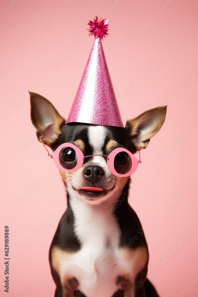 Chihuahua wearing pink party hat on pink background.