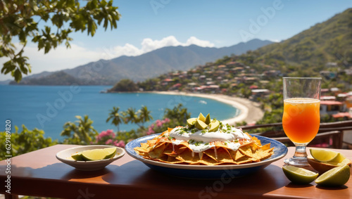 A visually stunning photograph of a Chilaquiles placed on a table with view of a town  serene ocean  and majestic mountains in Zihuatanejo.