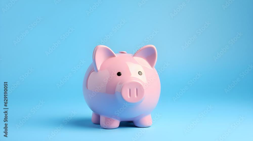 Small pink piggy bank with blue background, in the style of photorealistic art created with Generative AI technology