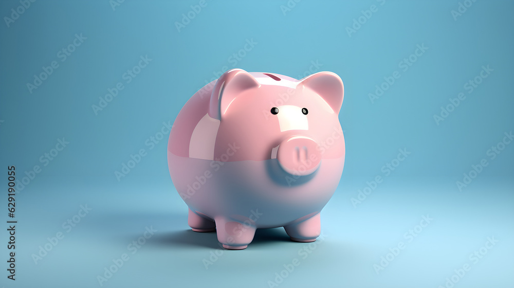 Small pink piggy bank with blue background, in the style of photorealistic art created with Generative AI technology