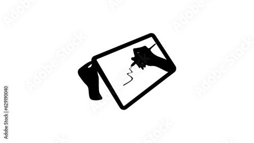 The Hand That Draws on tablet, silhouette of a hand writing on a tablet