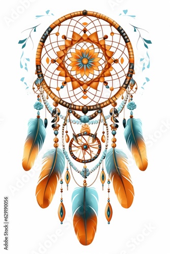 Colorful dream catcher with feathers and beads on a white background.