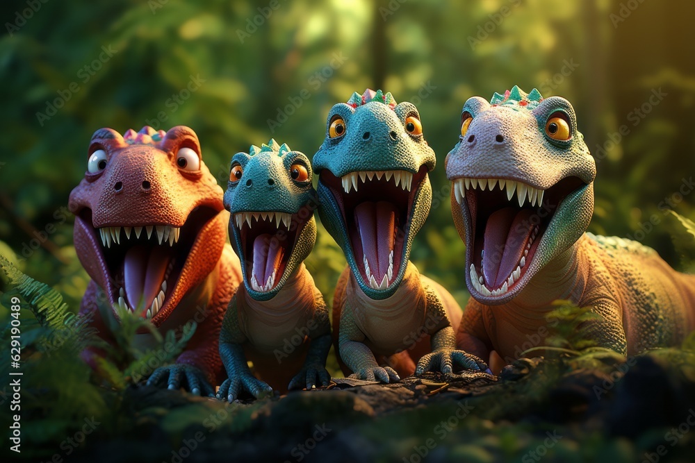 Naklejka premium A heartwarming scene featuring a family of dinosaurs playing together, invoking a sense of joy and bonding in the prehistoric world. Generative AI