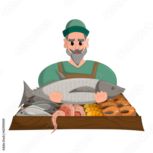 Fisherman with beard and wearing green hat sells his fresh catch of fish at the local market. Fresh organic products. Flat vector illustration.