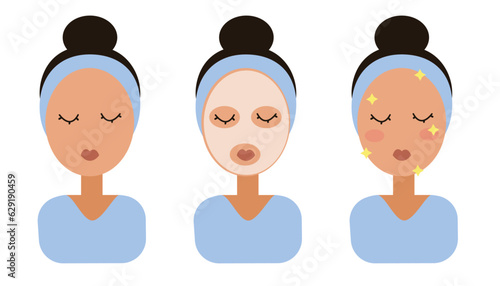 stages of using cosmetics, face masks flat simple illustration set set woman