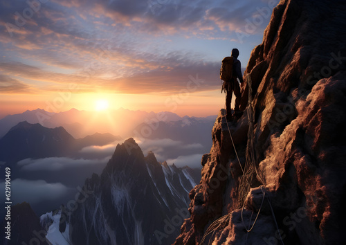 A person climbing a high mountain, surrounded by majestic mountain scenery and a sunrise, symbolizing the spirit of adventure and courage