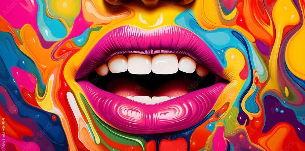 Woman's mouth with colorful lips and a smile in the style of psychedelic pop art created with Generative AI technology Woman's mouth with colorful lips and a smile in the style of psychedelic pop art created with Generative AI technology
