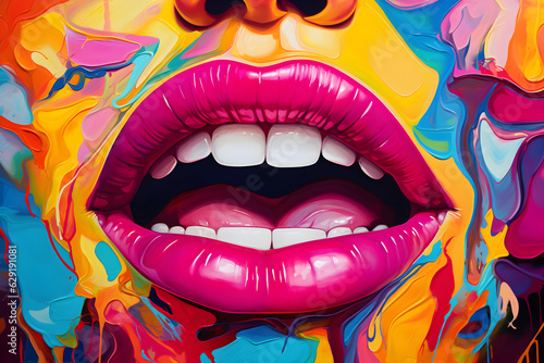 Woman's mouth with colorful lips and a smile in the style of psychedelic pop art created with Generative AI technology