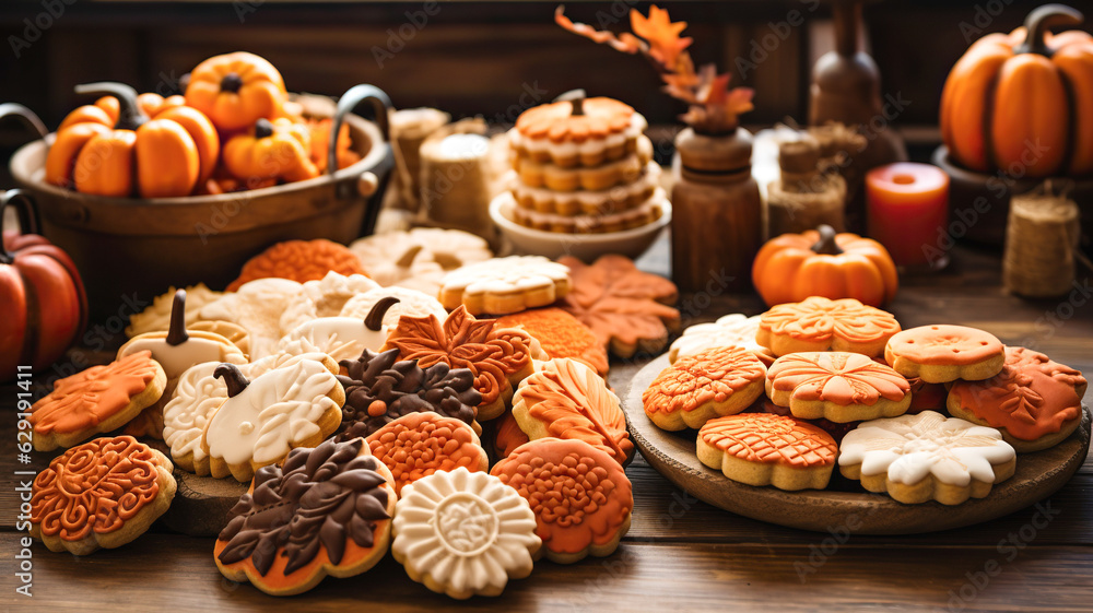 Pumpkin cookies laid on a wooden table, handcrafted designs. Cozy fall home atmosphere Pumpkin cookies laid on a wooden table, handcrafted designs. Cozy fall home atmosphere