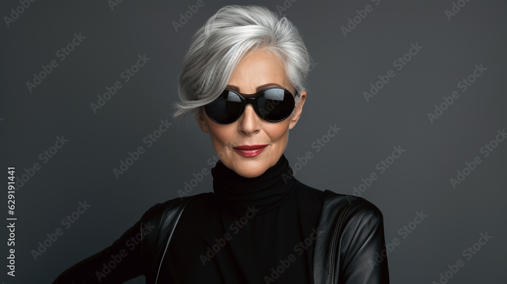 Portrait of Middle Aged European Woman with Grey Hair on Dark Grey Background on Copy Space. Beautiful Age Model. Portrait of Middle Aged European Woman with Grey Hair on Dark Grey Background on Copy Space. Beautiful Age Model.
