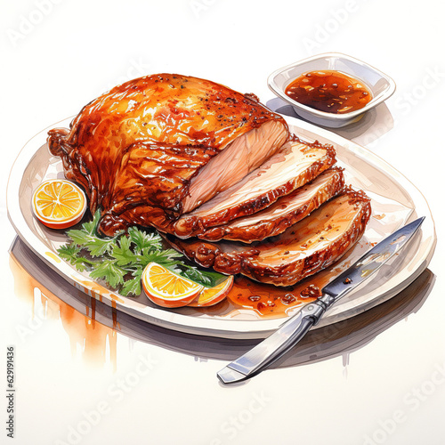 Traditional Christmas dinner with glasses of champagne and sliced roast Turkey decorated with cranberries and oranges, watercolor illustration, isolated on white background