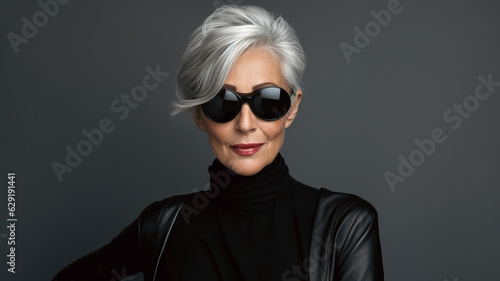 Portrait of Middle Aged European Woman with Grey Hair on Dark Grey Background on Copy Space. Beautiful Age Model.