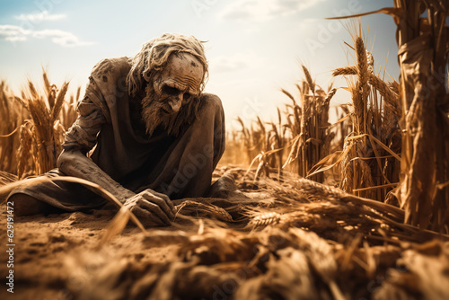 Concept of famine and global warming with a skull and a wheat straw in field. photo