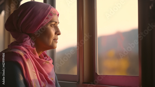 Mature indian woman with pink headscarf look out the window. She is a cancer patient in hospital. photo
