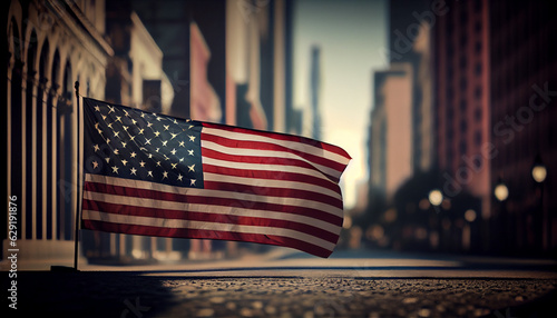 American flag in the city with blur background, memorial day, american flag on the street, Ai generated image 