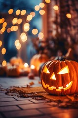  Halloween scary pumpkin, candles and dry leaves on the background of the evening house. halloween background. 