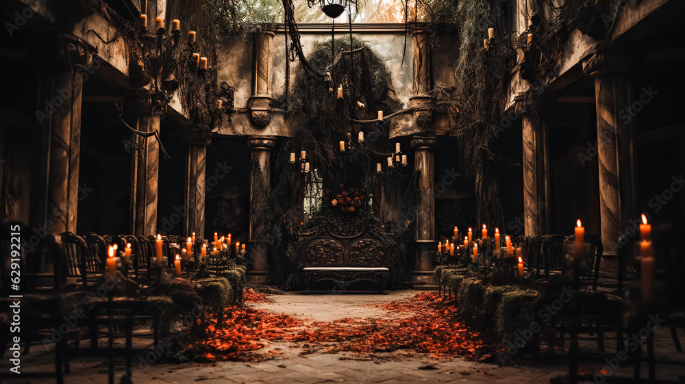 Dark surreal wedding venue in the style of dia de Los muertos. Event design and decorated with candles, flowers and lights.