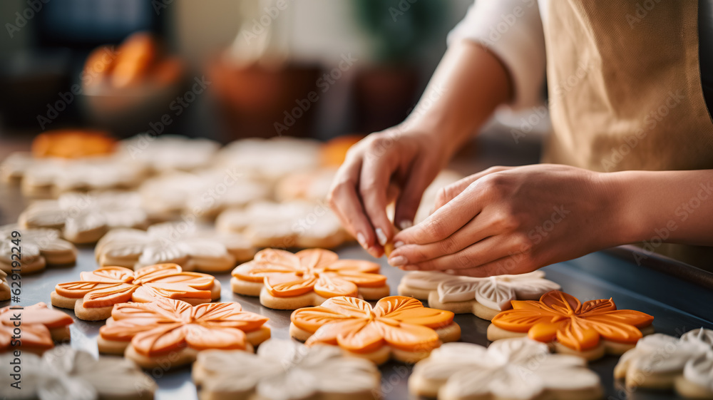 Close-up of a woman hands making pumpkin cookies and decorating them with icing, perfect for fall baking inspiration. Cozy home. Making cookies for Halloween. Close-up of a woman hands making pumpkin cookies and decorating them with icing, perfect for fall baking inspiration. Cozy home. Making cookies for Halloween.