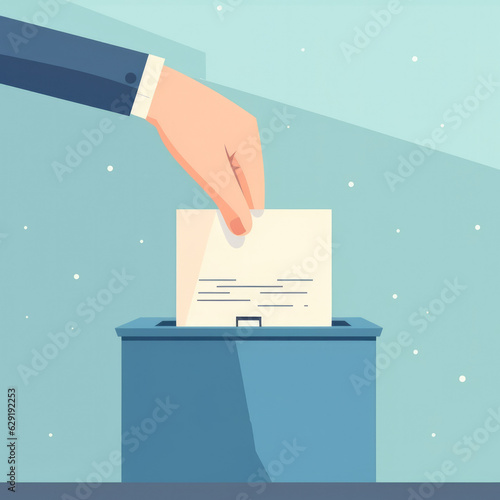 a hand in a jacket lowers a ballot paper into the electoral basket during the elections. the concept of the free will of the people and fair elections. flat drawing