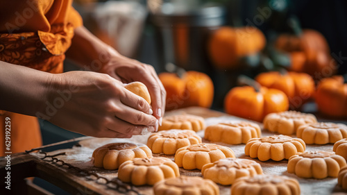 Close-up of a woman hands making pumpkin cookies and decorating them with icing  perfect for fall baking inspiration. Cozy home. Making cookies for Halloween.