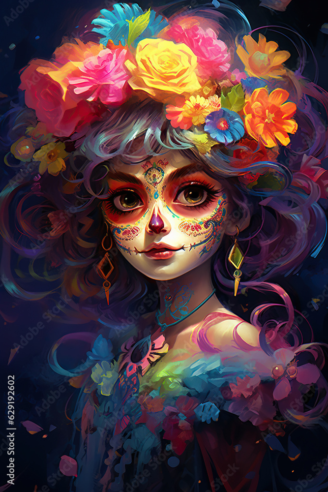 Dia de los muertos. Day of The Dead. Woman with sugar skull makeup, Anime style Dia de los muertos. Day of The Dead. Woman with sugar skull makeup, Anime style