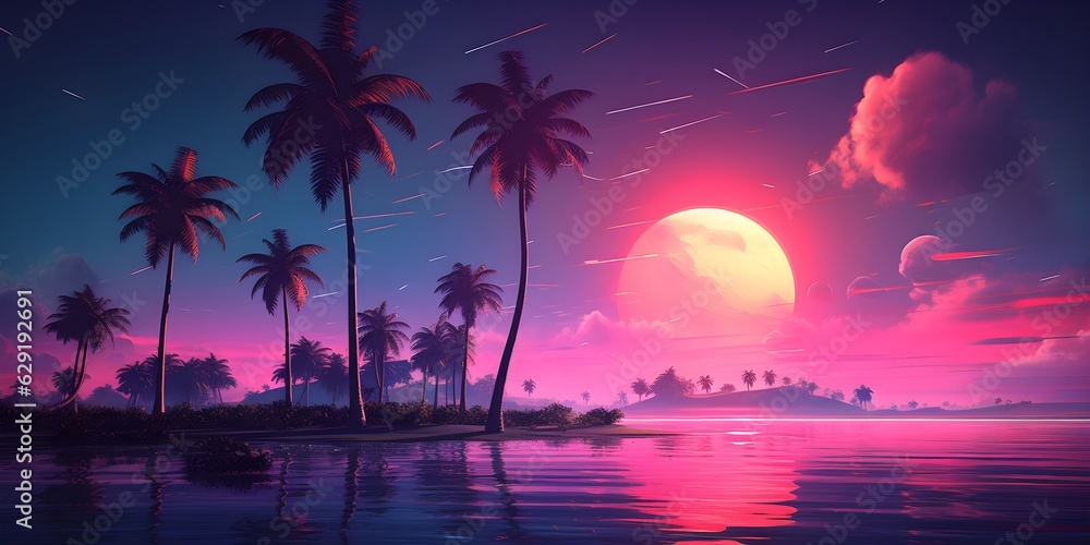 ntage miami florida tropical landscape in flat design created with Generative AI technology