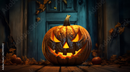 The intricately carved pumpkin spooky jack-o-lantern emanates an ominous glow, setting the stage for a chilling and mysterious Halloween night.